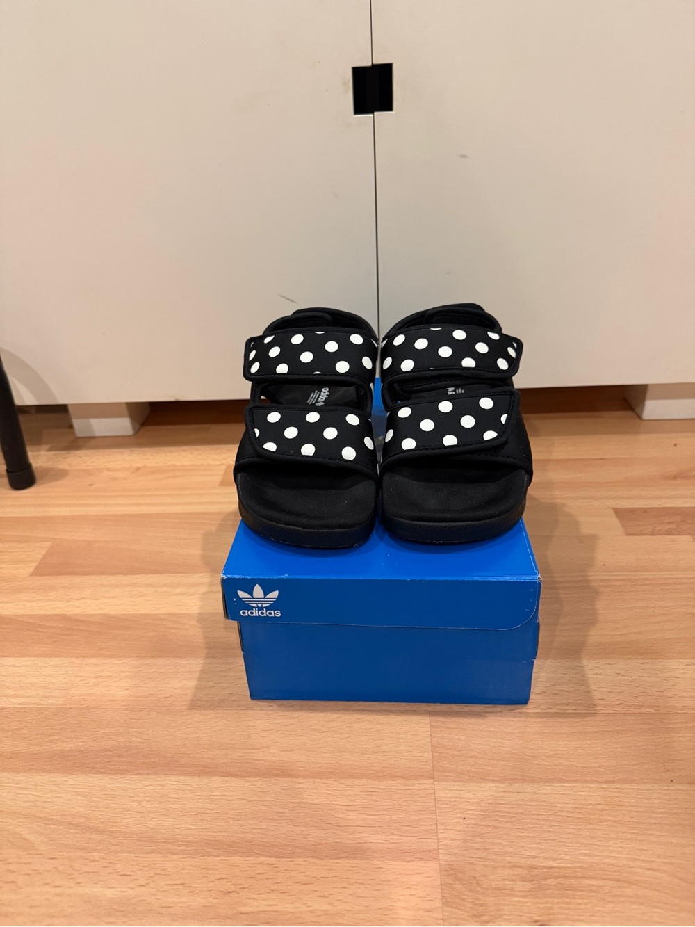 Adidas  Adilette Black Sandals with White Polka Dot Straps